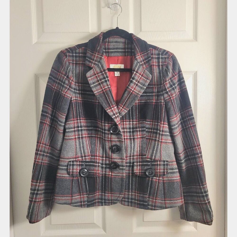 Talbots Petites 12 Wool Plaid Blazer Gray Red Tartan Dark Academia Preppy